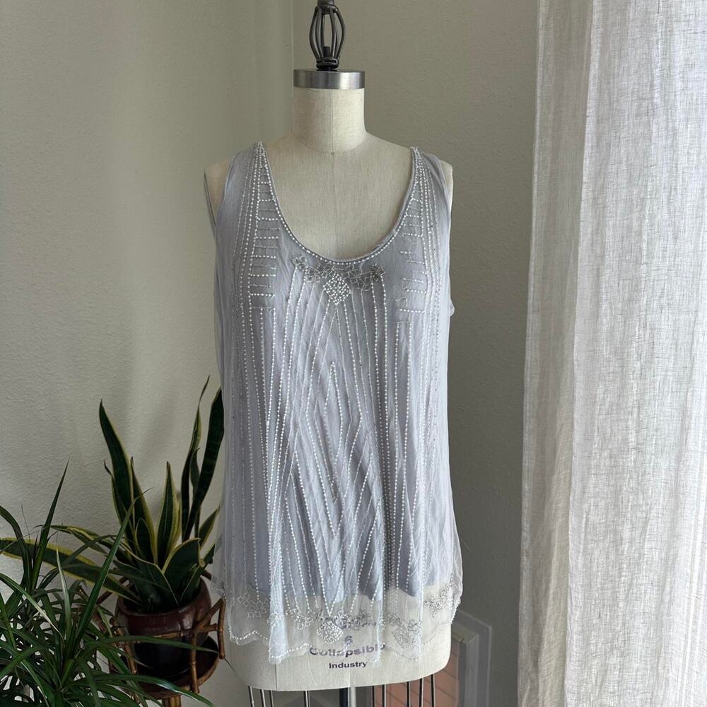 Bobeau Women’s Large Top Gray Tank Top Whimsy Beaded Blouse